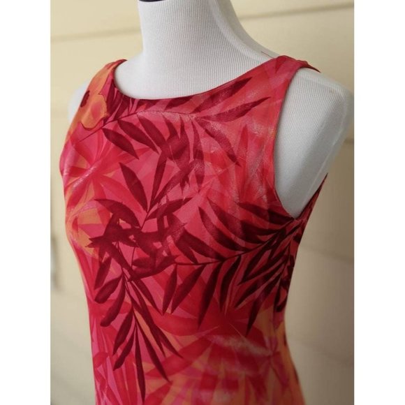 Flirty Orange Red Floral Sleeveless Summer Dress Low Back Stretch Sheer Tropical - Picture 6 of 8